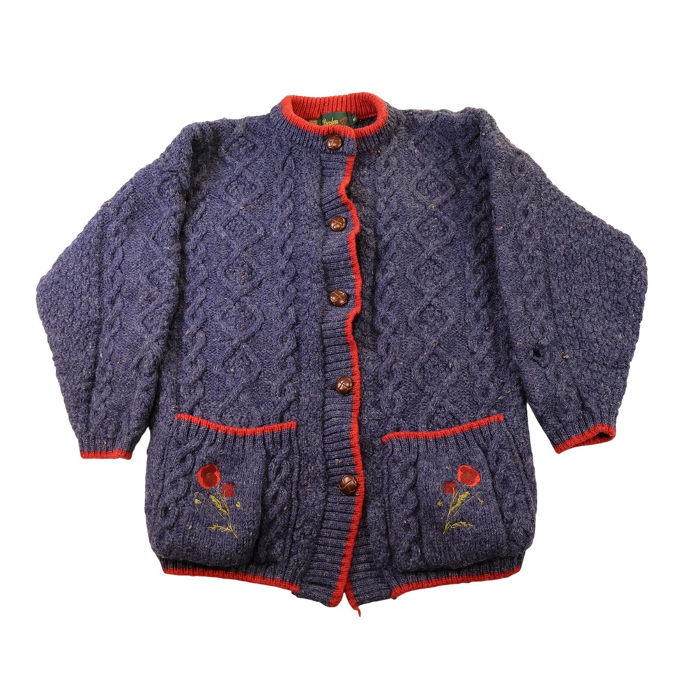 Bracken Womens M Cardigan Blue Red Pure Wool Cable Knit Embroidered Floral